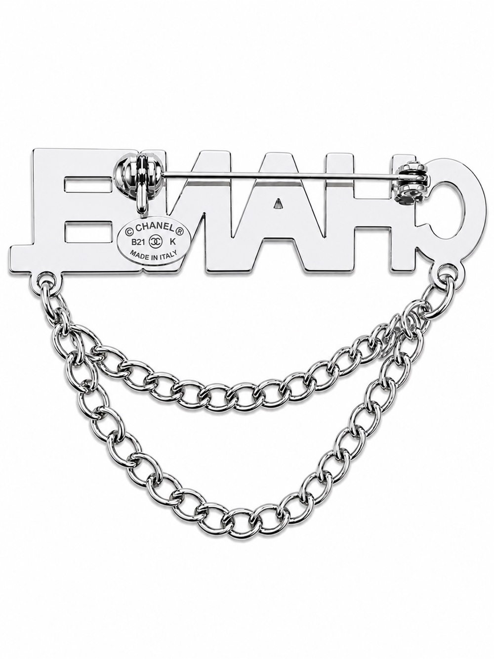 CHANEL Silver Crystal Logo Double Chain Brooch - Picture 2 of 4